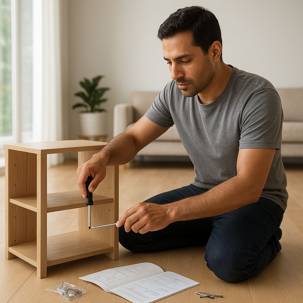 Handwerker bei der Möbelmontage in einer hellen Wohnung