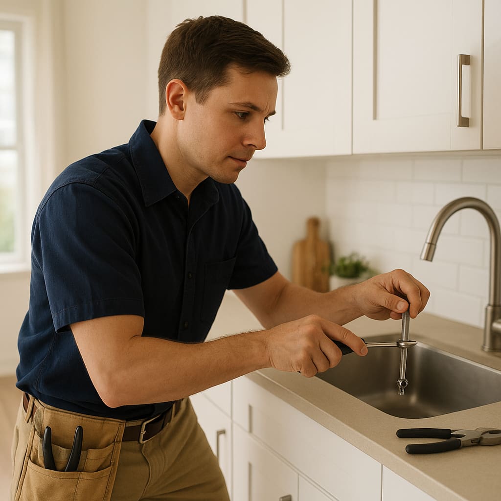 Handwerker bei einer kleinen Reparatur in einer Wohnung in Wien